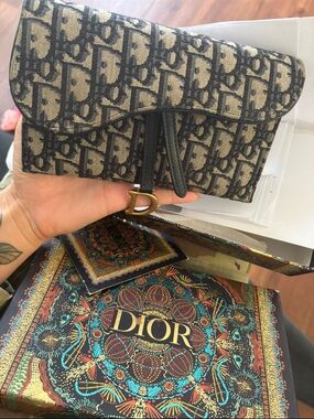 Dior Oblique Canvas Clutch in Black and Beige with Gold D Charm
